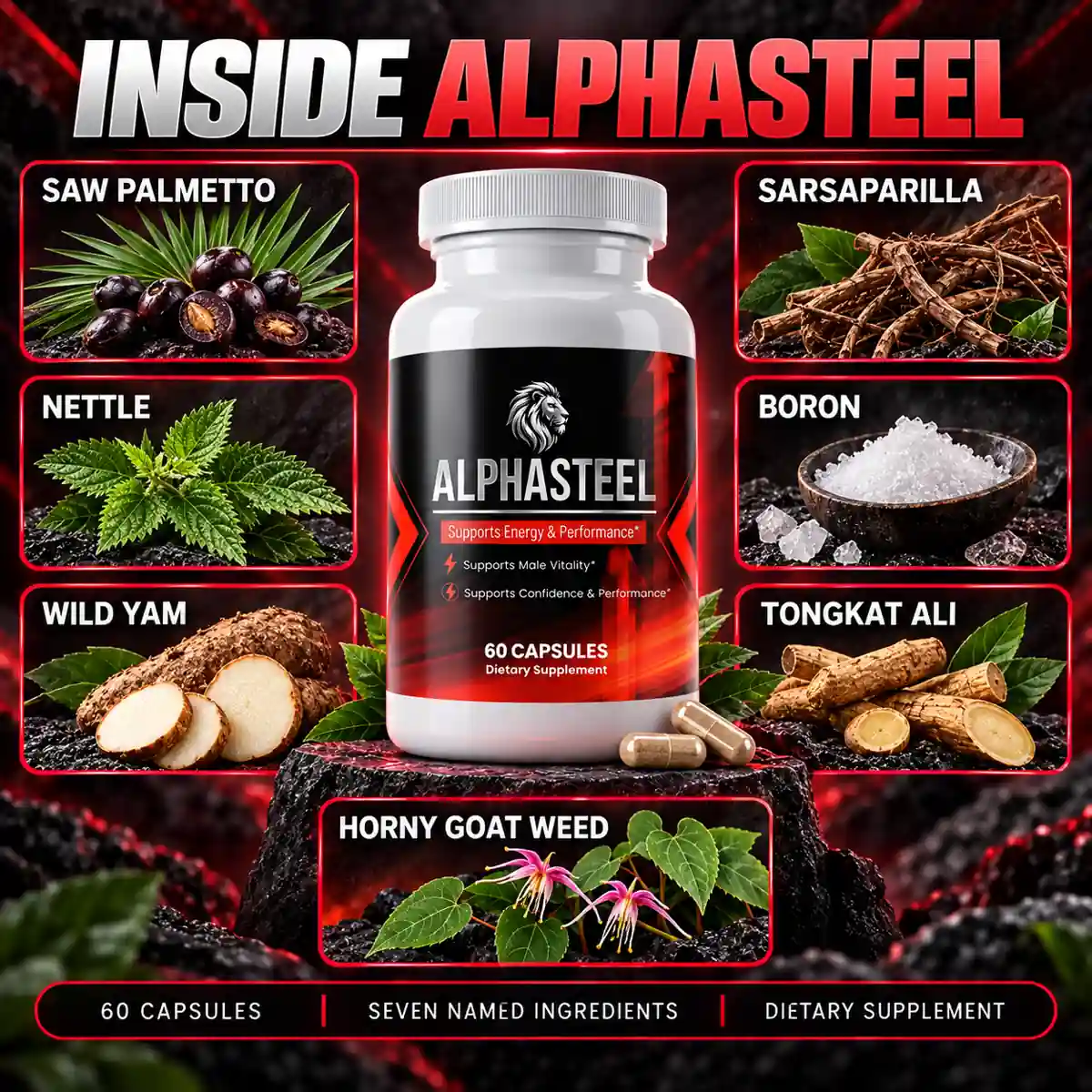 Listing art headed Inside AlphaSteel: the bottle surrounded by seven ingredient panels, saw palmetto, nettle, wild yam, sarsaparilla, boron, tongkat ali and horny goat weed