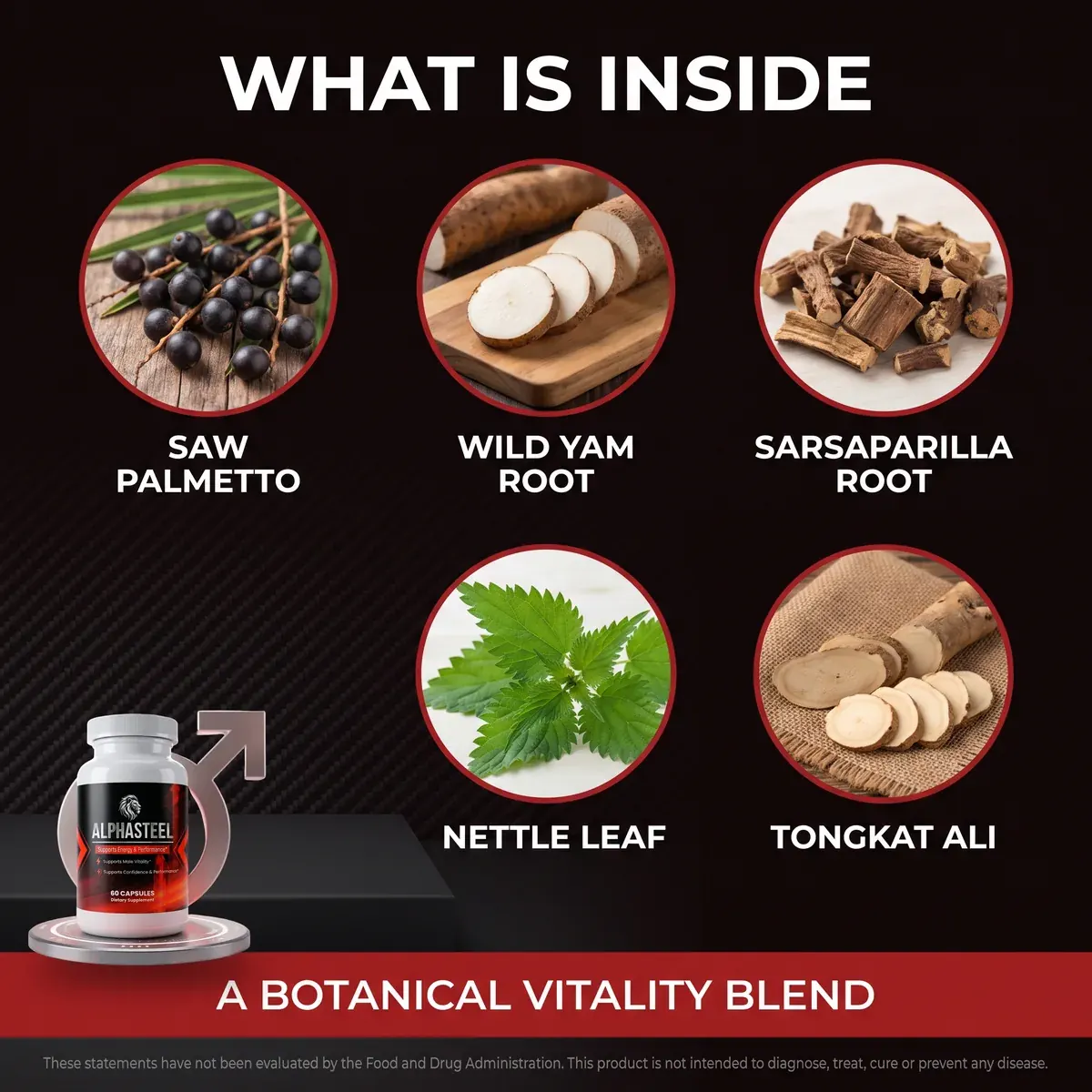 Listing art headed What Is Inside: saw palmetto berries, wild yam root, sarsaparilla root, nettle leaf and tongkat ali in five circles, above the line A Botanical Vitality Blend