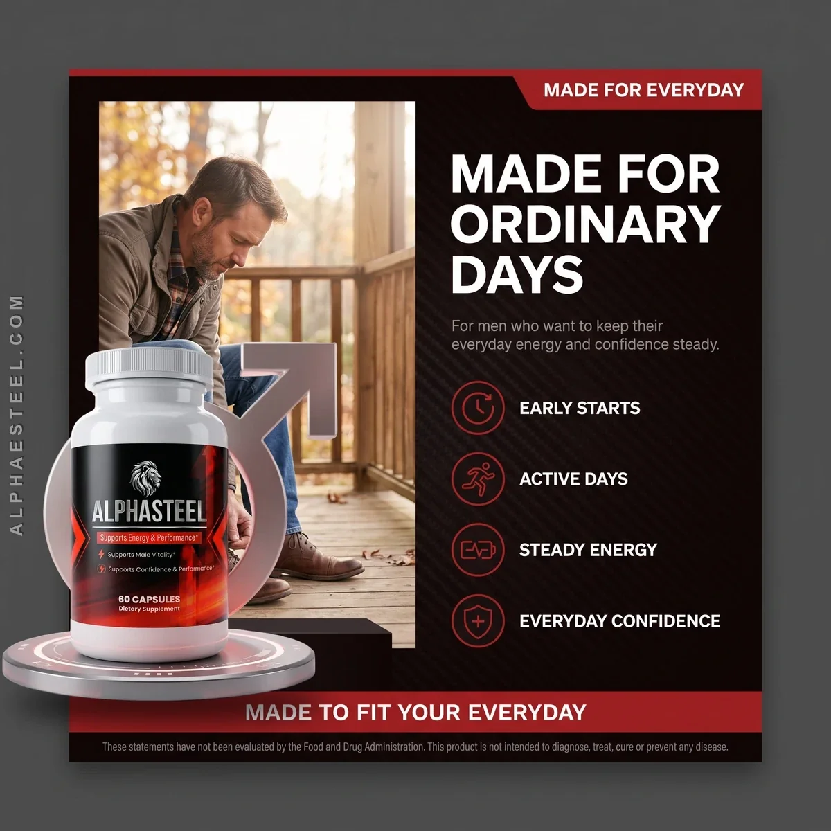 Listing art: a man tying his boots on a wooden porch, beside the AlphaSteel bottle and the words Made For Ordinary Days: early starts, active days, steady energy, everyday confidence