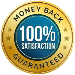 Gold roundel reading Money Back, 100% Satisfaction, Guaranteed