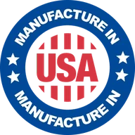 Blue and red roundel reading Manufacture in USA with stars