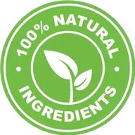 Green roundel with a leaf reading 100% Natural Ingredients