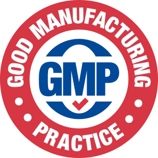 Red and blue roundel reading Good Manufacturing Practice, GMP