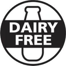Black roundel with a milk bottle reading Dairy Free