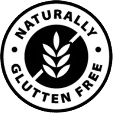 Black roundel with a crossed wheat ear reading Naturally Gluten Free