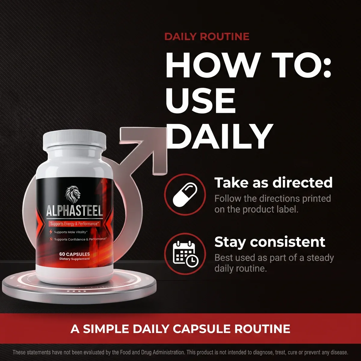 Listing art headed How To Use Daily: take as directed on the label, and stay consistent with a steady daily routine