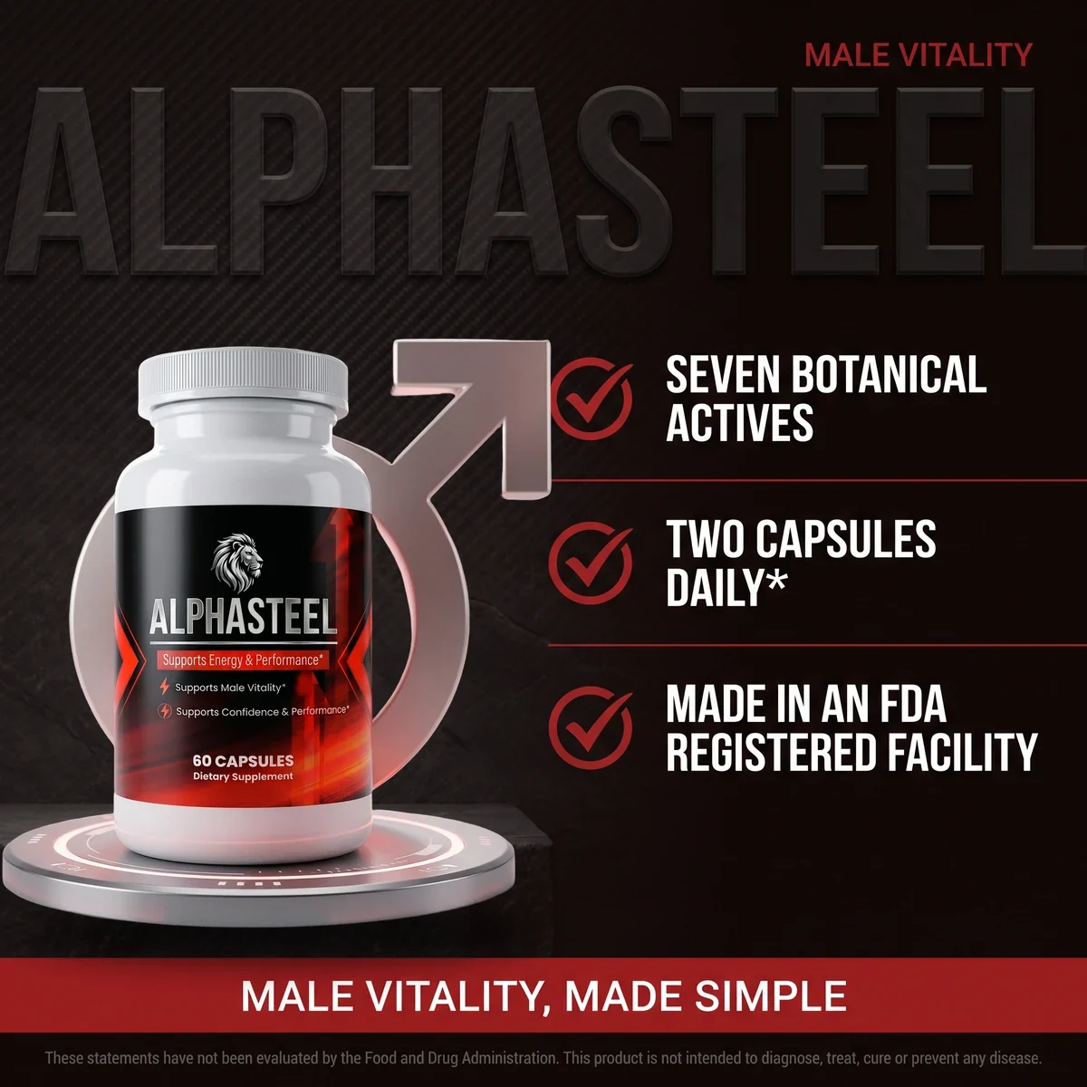 Listing art: AlphaSteel bottle beside three ticks, seven botanical actives, two capsules daily, made in an FDA registered facility