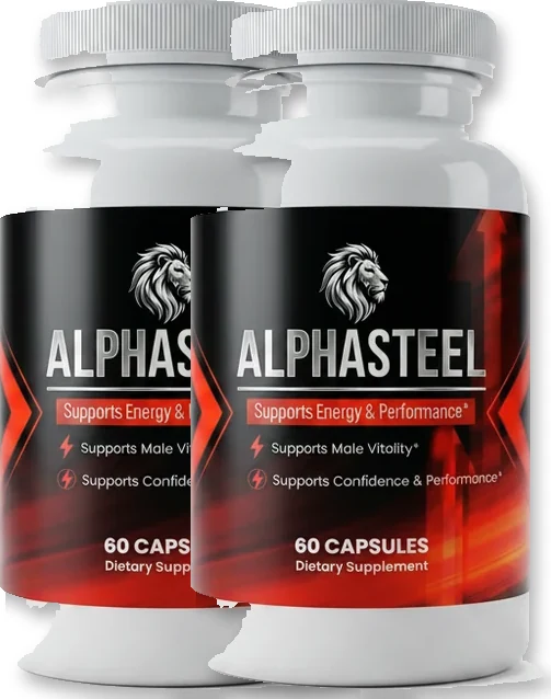 AlphaSteel 2 bottles, 120 capsules, black and red labels