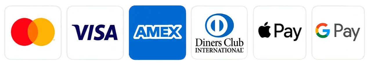 Mastercard, Visa, American Express, Diners Club, Apple Pay and Google Pay marks