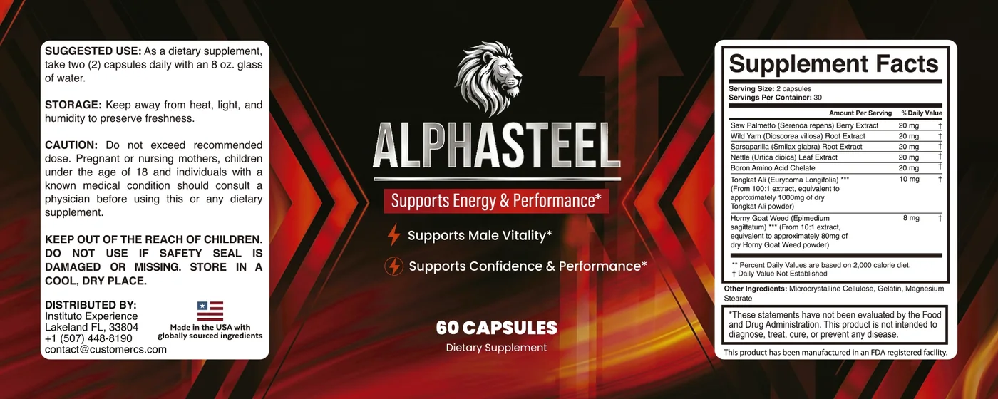 The full AlphaSteel label unrolled: suggested use and caution on the left, the front in the middle, the Supplement Facts panel on the right